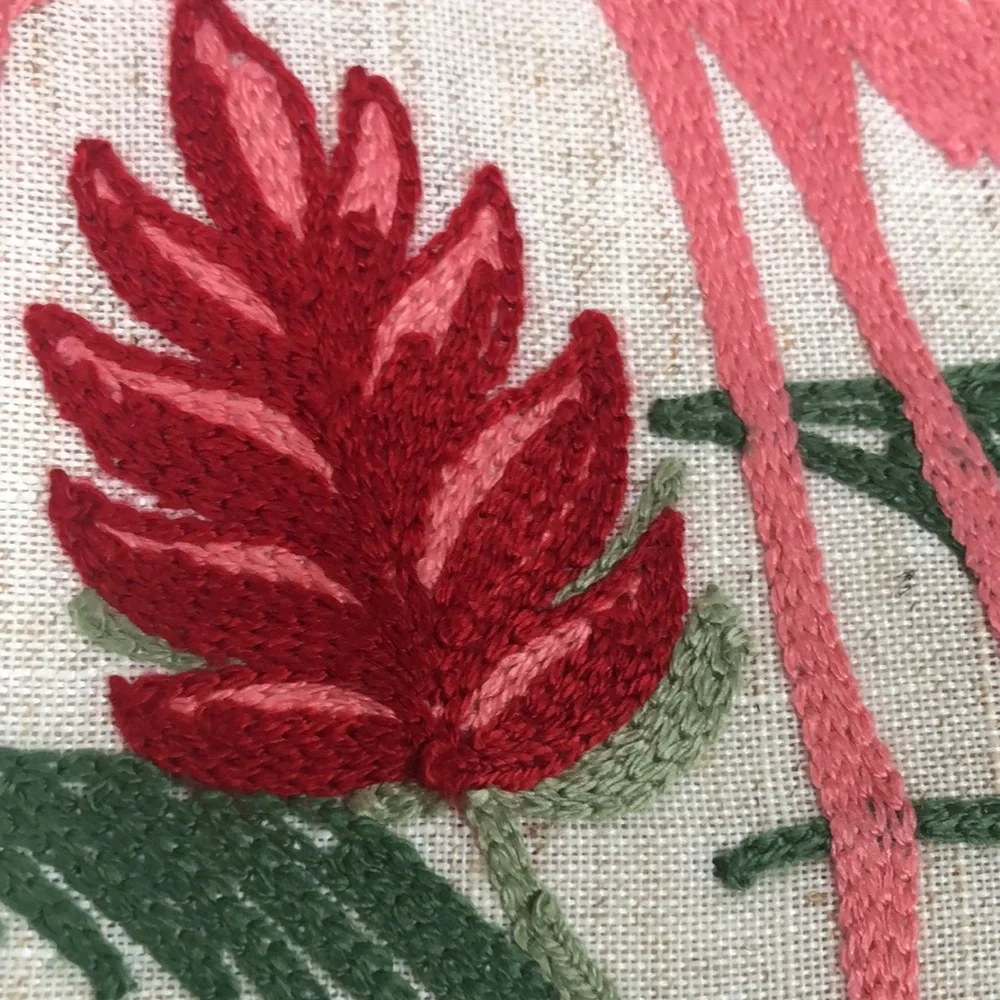 Pink Flamingos Tropical Ferns Beach Embroidered Neutral Linen Table Runner‎ NWT